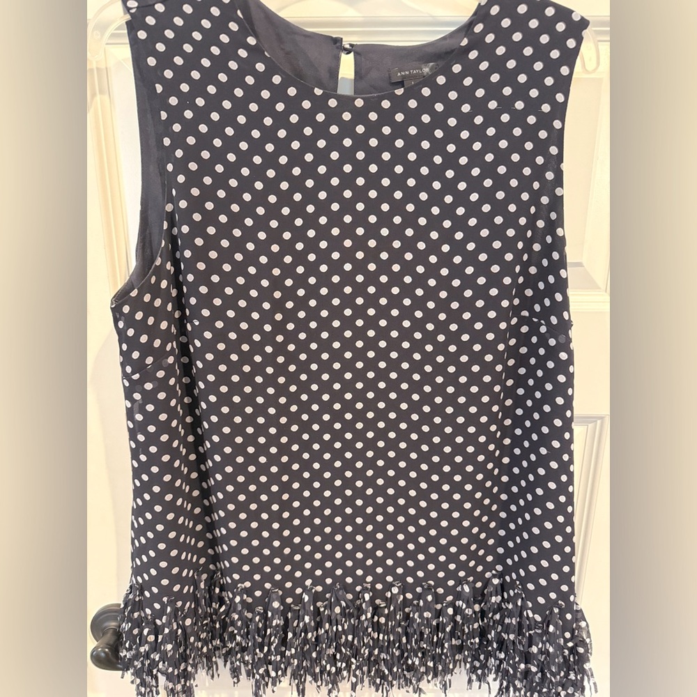Ann Taylor Black and White Polka Dot Fringe Top